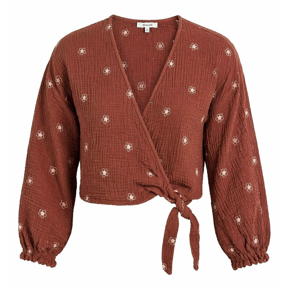 Madewell Lightspun Maira Wrap Top Size XXS Burnt Orange Flowers Gauze Tie Waist
